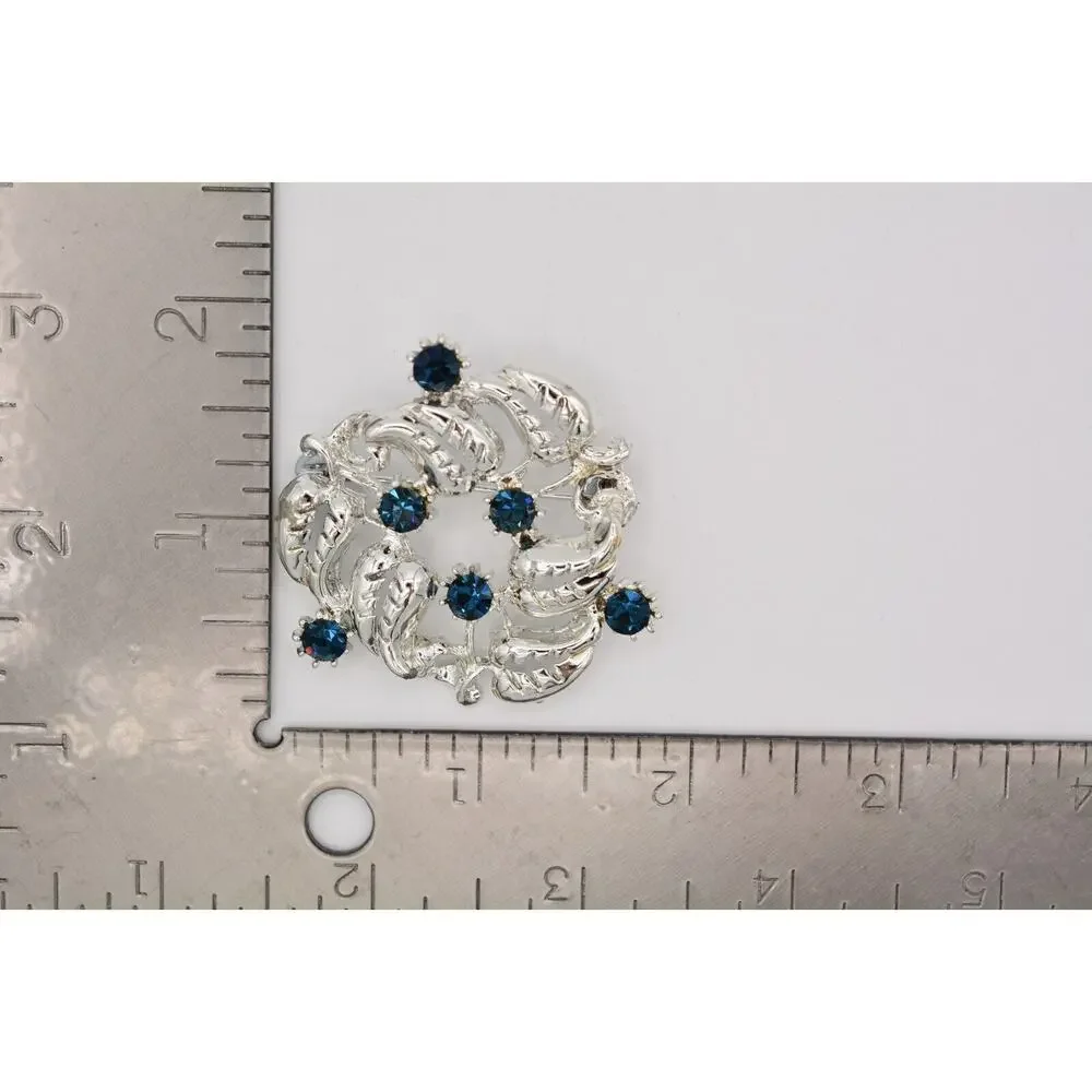 Vintage Crystal Leaf Wreath Pin Blue Rhinestone Silver Tone Heavy 1980s BinAT